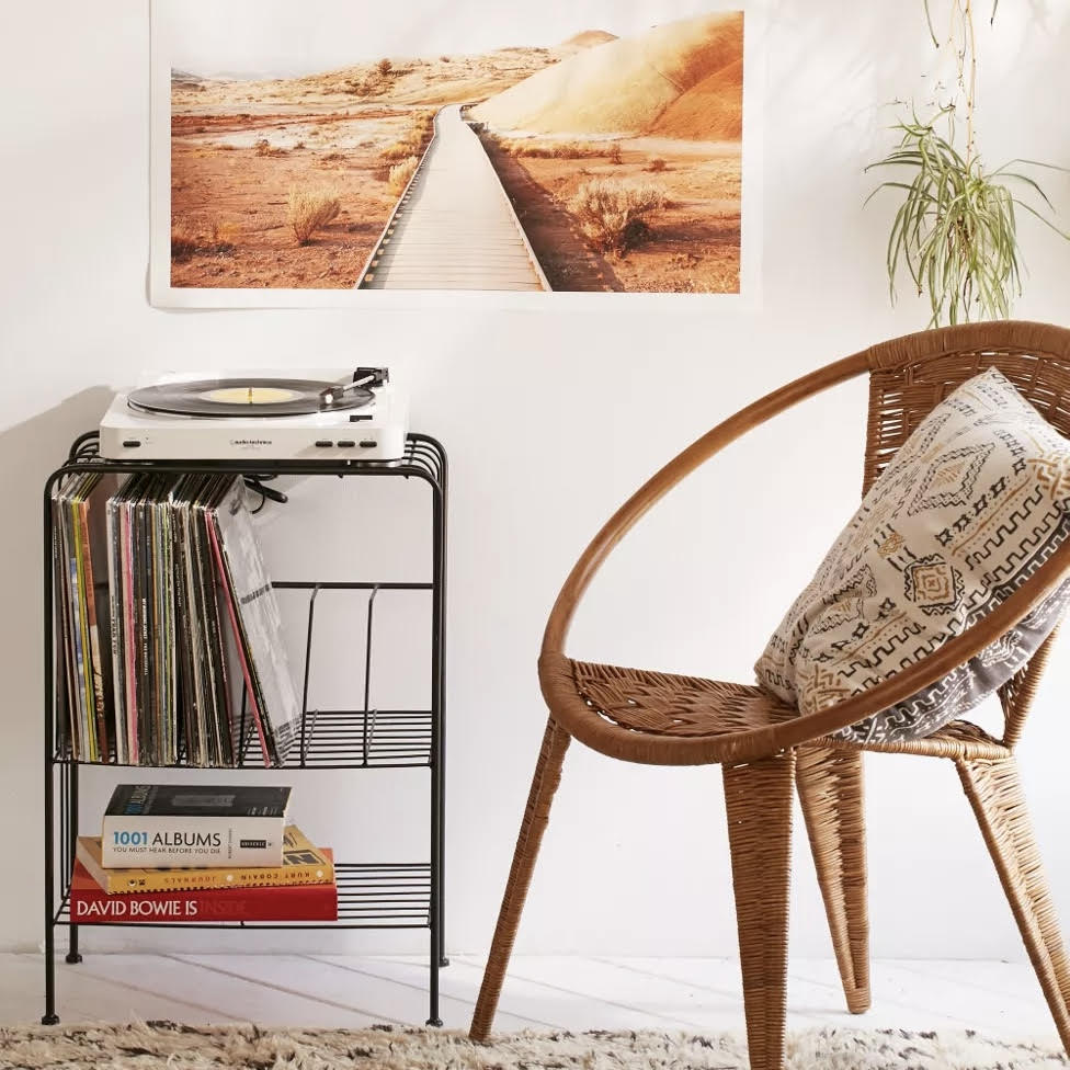 White turntable stack of red coffee table books