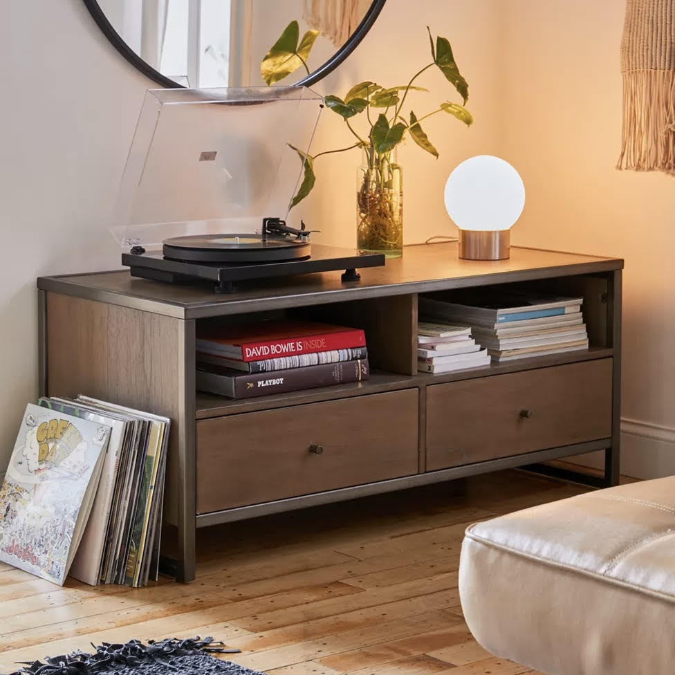 Wood sideboard turntable red coffee table books